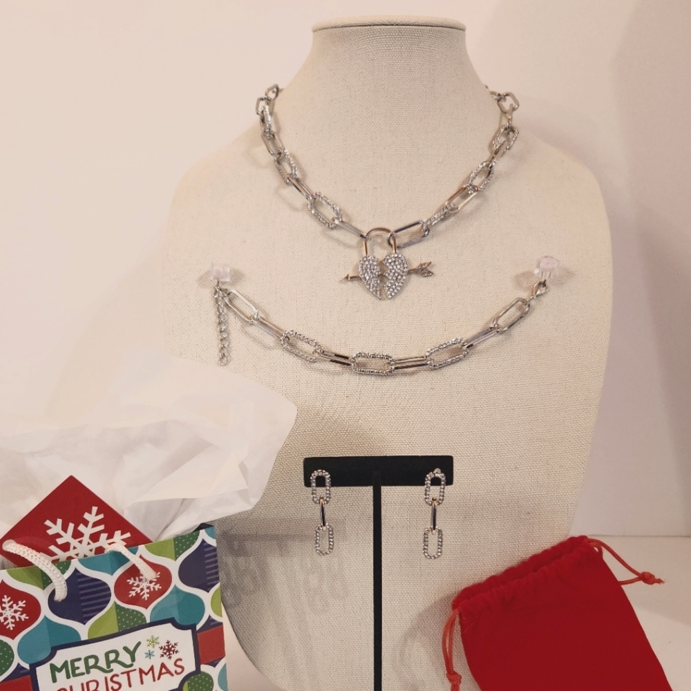 Austrian Crystal Paper Clip Link Necklace/Bracelet/Earrings 3pc in Silver